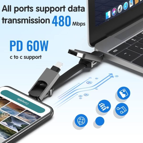 CHAFON Multi Charging Cable Short,Travel Portable Magnetic Keyring 5 in 1 USB Charger Data Cord,PD 60W USB A/C to Type C/Lighting/Micro Connectors for iPhone iPad MacBook Samsung, 6.3in - Image 4