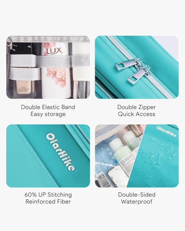 OlarHike Travel Toiletry Hanging Bag Waterproof Bags, Makeup, Toiletries, Jewelry, Travel Essentials 3 in 1 Packing Organizers, Cosmetic Travel-Sized Container, Medium Capacity for Women Cyan - Image 4